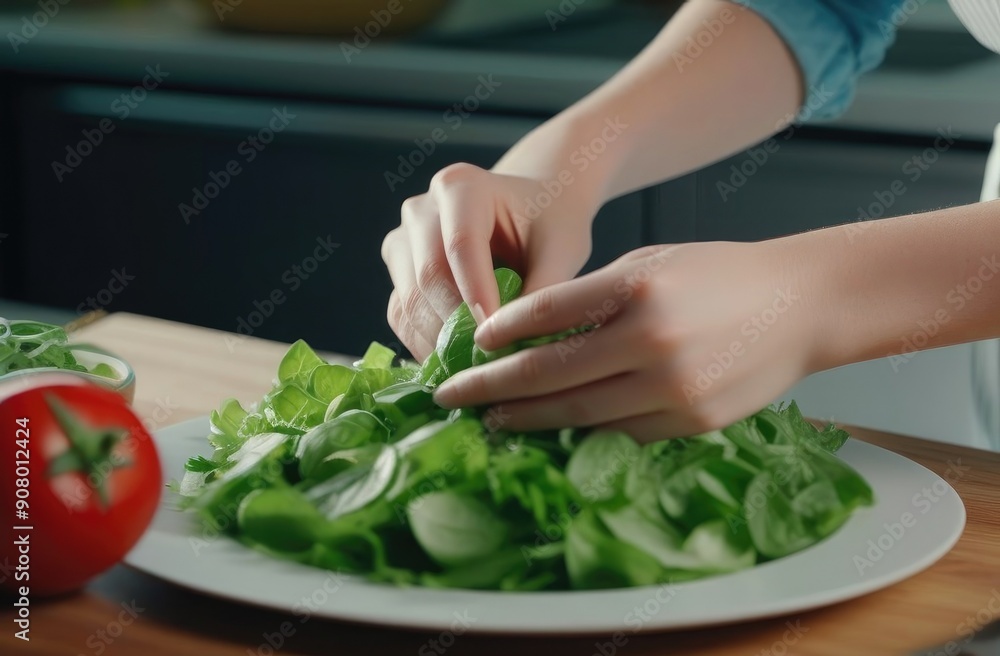 Young girl preparing a salad of spinach and tomatoes, hands close up. Young girl preparing a salad of spinach and tomatoes, hands close up.