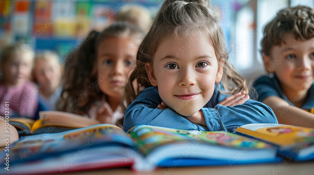 Group of Young Children Reading Books in Library, Bookshelves Background Group of Young Children Reading Books in Library, Bookshelves Background
