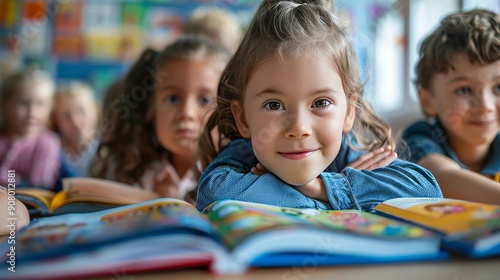 Group of Young Children Reading Books in Library, Bookshelves Background