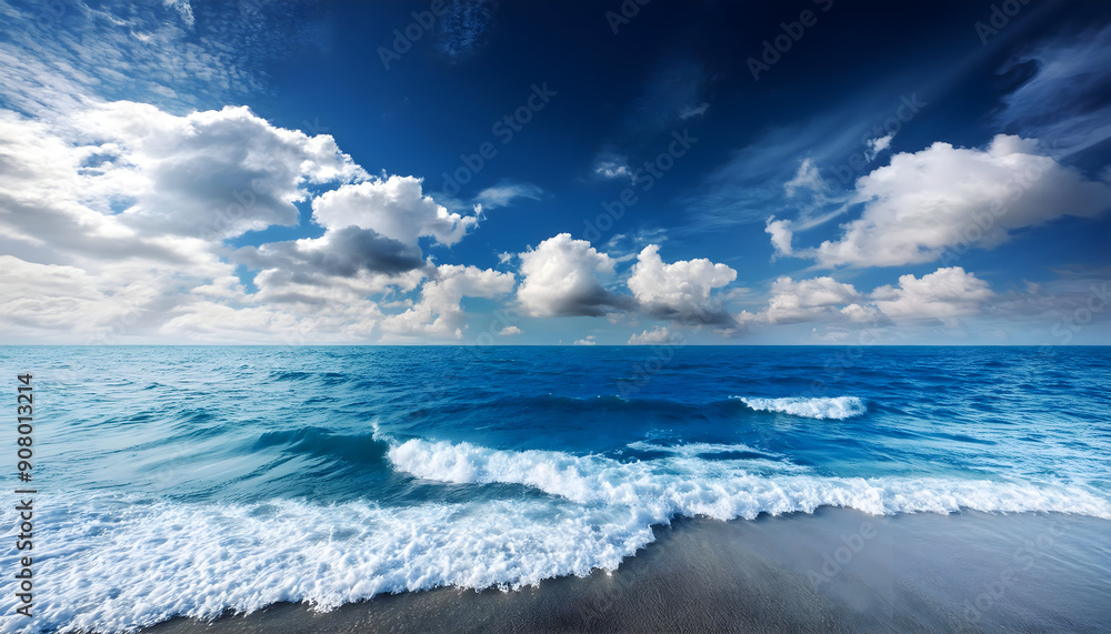 Fototapeta premium Under a vibrant blue sky with clouds a marine waves ocean background.