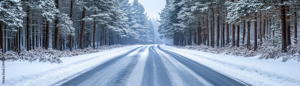 A tranquil winter road surrounded by snow-covered trees, inviting exploration through a serene snowy landscape. A tranquil winter road surrounded by snow-covered trees, inviting exploration through a serene snowy landscape.