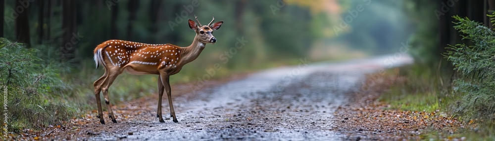 Pine forest road with deer crossing, wildlife and nature in harmony Pine forest road with deer crossing, wildlife and nature in harmony