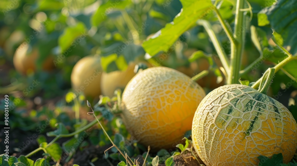 Harvest of fragrant sweet ripe yellow melons on a field in the sun's rays. Concept of agricultural business development, cultivation of melons.
Harvest of fragrant sweet ripe yellow melons on a field in the sun's rays. Concept of agricultural business development, cultivation of melons.