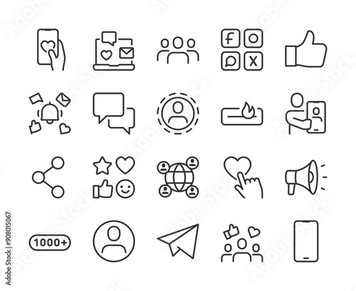 Social Media, Icon Set. Social Networks and Communication Apps. Reactions, Emoji, Chat, Like, Connections, Followers, Posts, Comments, Sharing, Notification. Line with editable stroke