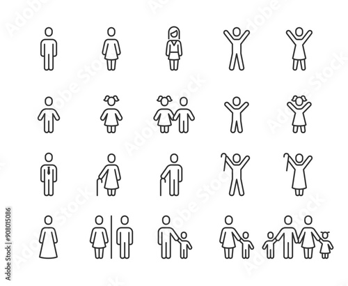 People, Icon Set. Adults, Elderly, and Children. Man, Woman, Boy, Girl, Grandmother with Cane, Grandfather with Cane, Family. Line with editable stroke