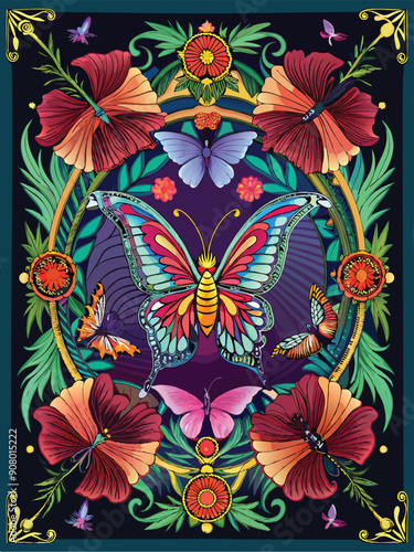 Colorful Butterfly Surrounded by Flowers and Plants