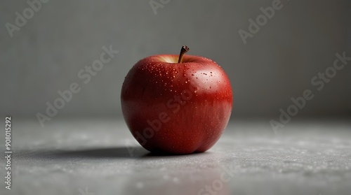 A single red apple with leaves on a white background, the apple is smooth and shiny, and the leaves are green and bright.