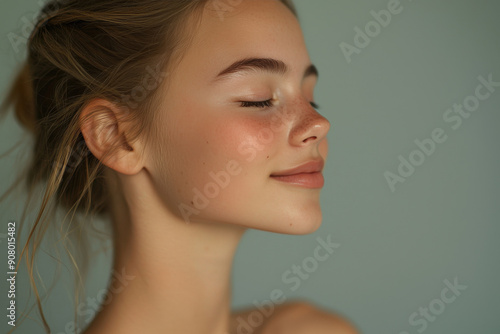 A close up of a girl's face with her eyes closed