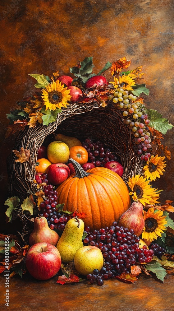 Rustic Autumn Harvest with Pumpkin and Sunflowers Rustic Autumn Harvest with Pumpkin and Sunflowers