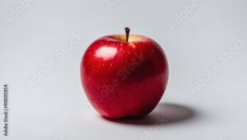 A single red apple with leaves on a white background, the apple is smooth and shiny, and the leaves are green and bright.