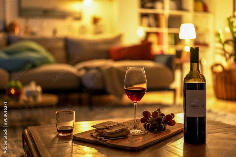 Cozy Wine Night: A glass of red wine, a cheese platter, and a bottle of wine on a coffee table in a warm, inviting living room. The perfect ambiance for a relaxing evening. Cozy Wine Night: A glass of red wine, a cheese platter, and a bottle of wine on a coffee table in a warm, inviting living room. The perfect ambiance for a relaxing evening.