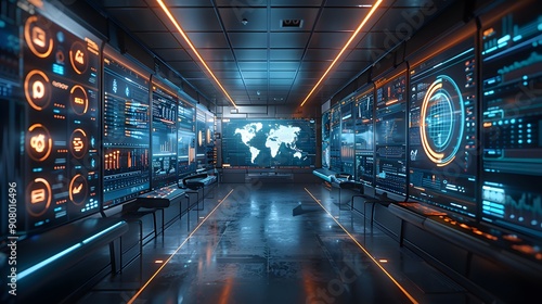 A futuristic room with many computer monitors and a large world map on the wall. The room is filled with bright colors and the atmosphere is energetic and exciting