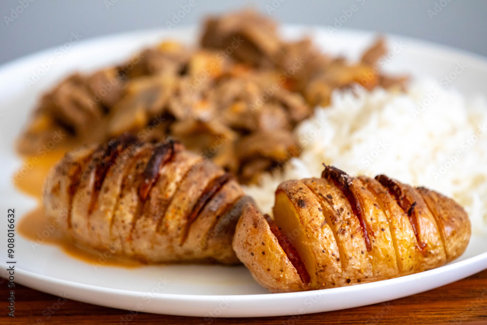 Traditional filet mignon stroganoff with rustic potatoes Traditional filet mignon stroganoff with rustic potatoes