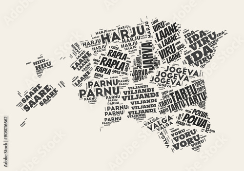 Estonia Word Cloud. Country with regional division. Estonia typographic text clouds vector image design in vintage gazette style. Amazing vector illustration.