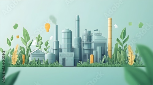 a biofuel plant surrounded by green foliage of corn, sugarcane, and algae. world biofuel day, sustainable energy and green technology, renewable resources, agricultural biofuels 
