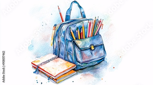 A watercolor illustration depicts a school backpack filled with various colored pencils. The artwork features subtle, soft hues and delicate shading on white background