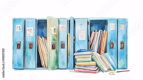 Fototapeta Naklejka Na Ścianę i Meble -  A watercolor painting of blue school lockers filled with notebooks and folders, alongside a stack of books on white background