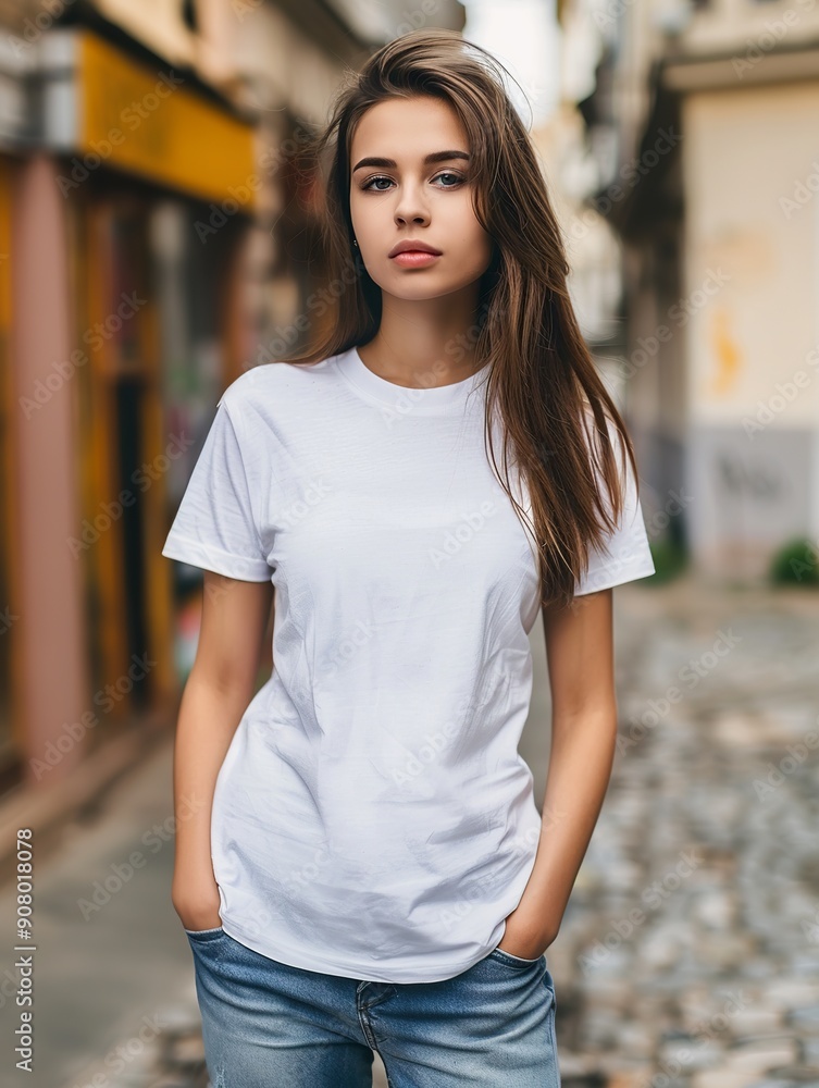 Young woman in mock up casual blank white cotton t-shirt on city background. Clothing template Young woman in mock up casual blank white cotton t-shirt on city background. Clothing template
