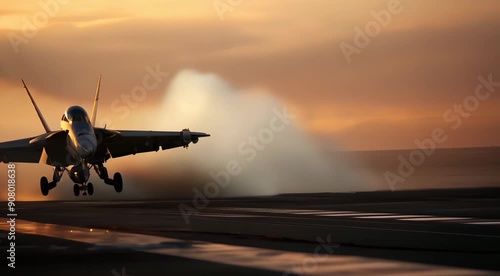 Two fighter jets taking off from an aircraft carrier at sunset, with one aircraft already airborne and the second beginning to lift.