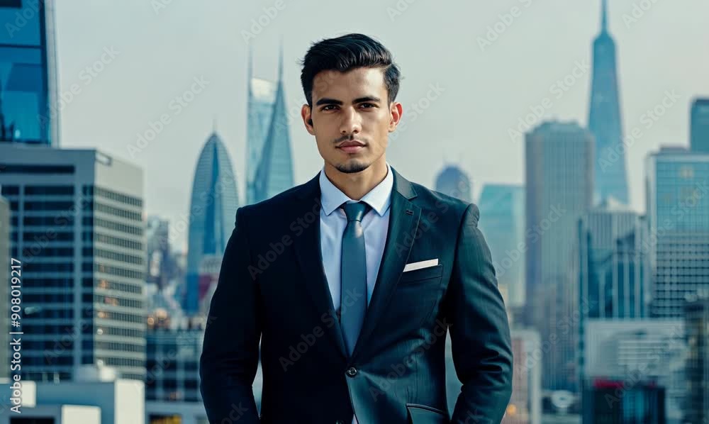 Portrait of a young businessman standing in the city, looking at camera Portrait of a young businessman standing in the city, looking at camera