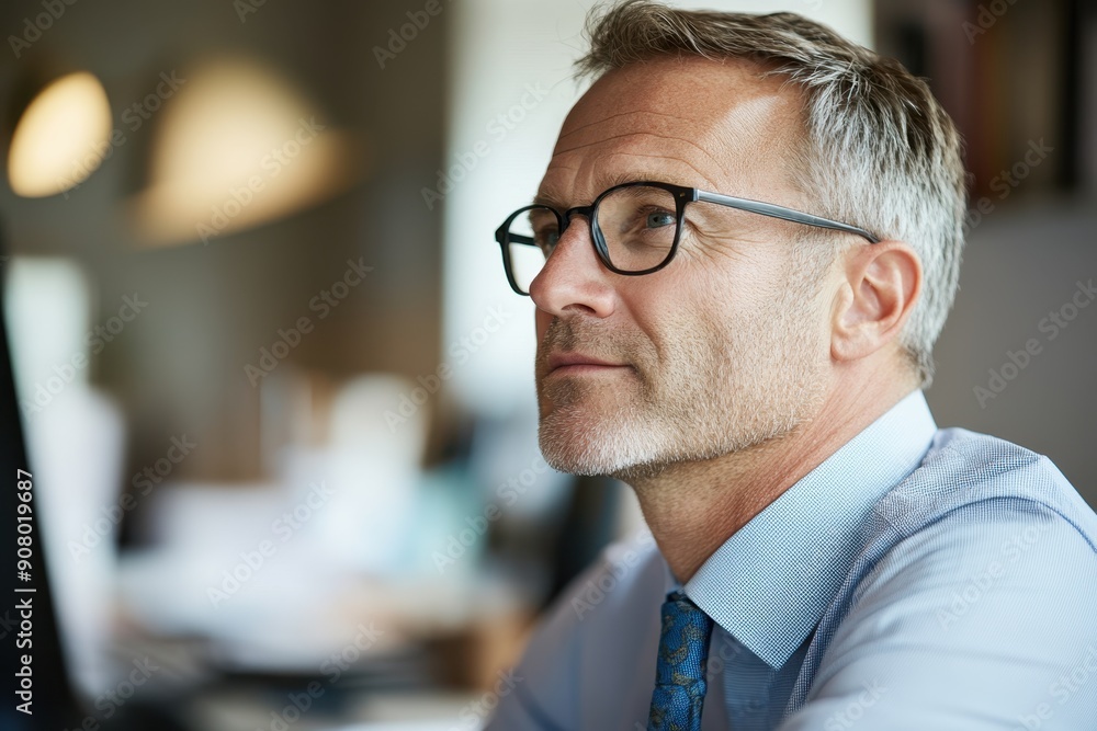 Confident Financial Adviser in Profile View at Professional Office Desk Confident Financial Adviser in Profile View at Professional Office Desk