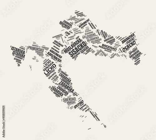 Croatia word cloud. Country with regions division. Croatia typographic text clouds vector image design. Vintage gazette style country shape image. Stylish vector illustration.