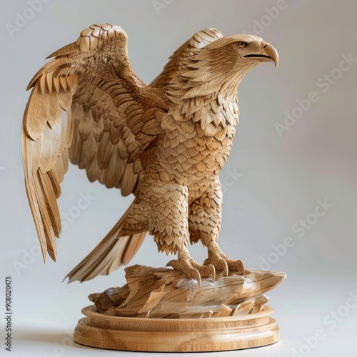 Golden eagle statue in flight against a blue sky, showcasing its majestic wings and metallic shine photo