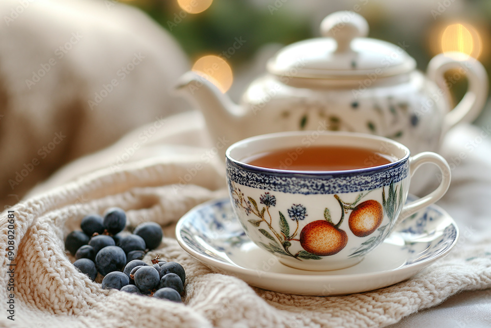 Photograph of a Hot Cup of Herbal Tea with a Teapot: On a cozy table setting. Photograph of a Hot Cup of Herbal Tea with a Teapot: On a cozy table setting.
