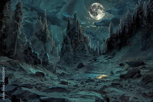 A fantastical landscape with towering rock formations illuminated by a full moon