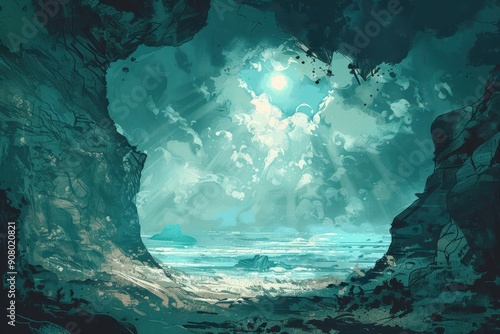 A digital painting depicting a glowing sky seen through a cave opening