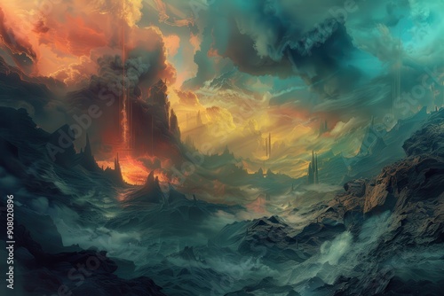 A digitally painted fantasy landscape featuring jagged mountains and ethereal clouds