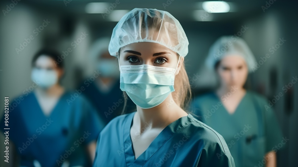 Young Nurse With Team Wearing a Face Mask and Blue Scrubs Standing in a Hospital Corridor Young Nurse With Team Wearing a Face Mask and Blue Scrubs Standing in a Hospital Corridor