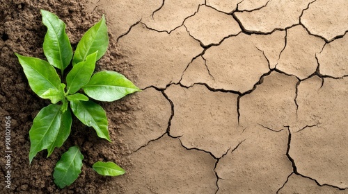 A vibrant green plant thrives in fertile soil, contrasting with the dry, cracked earth beside it.