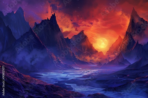 A majestic moon rises over a rugged mountain range illuminating a winding river beneath a vibrant sky