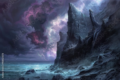 A dramatic cliffside overlooking a stormy sea under a vibrant night sky
