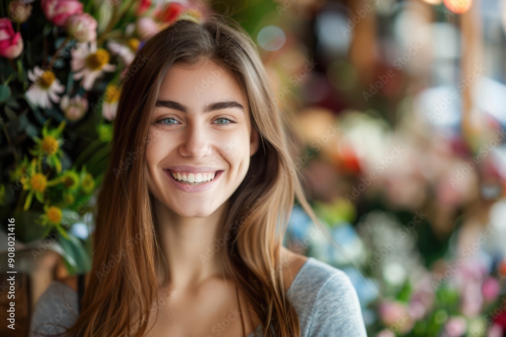 Obraz premium Young smiling cheerful woman florist at flower shop with vibrant flowers on blurred floral background