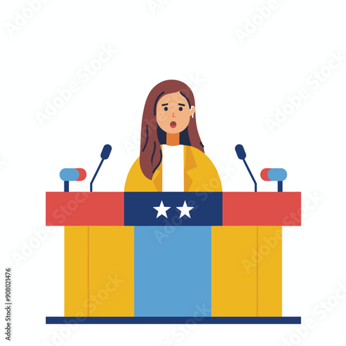 Young woman standing podium giving speech formal event. Female speaker brunette appears worried delivering presentation. Microphones podium decorated stars isolated white background vector