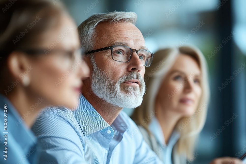 Financial Adviser in Profile View Discussing Investment Strategies with a Couple in Meeting, Professional Consultation Scene Financial Adviser in Profile View Discussing Investment Strategies with a Couple in Meeting, Professional Consultation Scene