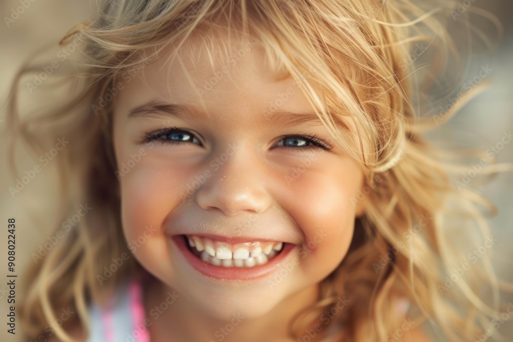 Happy smiling little girl with blonde hair outdoors. Cute child with beautiful face looking into camera close-up portrait Happy smiling little girl with blonde hair outdoors. Cute child with beautiful face looking into camera close-up portrait