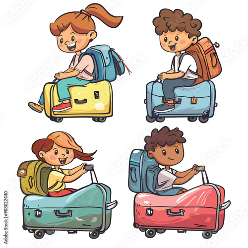 Young children riding colorful suitcases, smiling enjoying fun journey. Cartoon kids, including redhead girl, curlyhaired boy, AfricanAmerican boy, different redhead girl, all backpacks casual