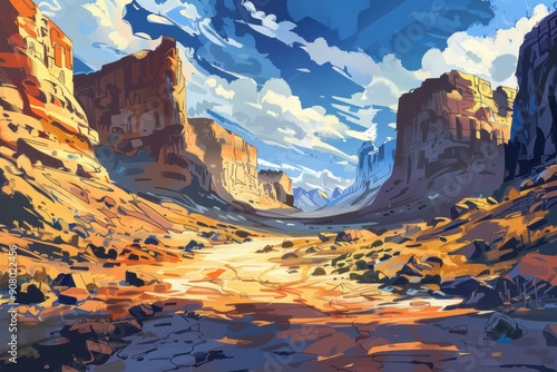 A sunlit path winds through a canyon with towering rock formations and a blue sky