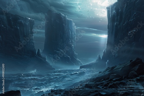 Dark towering rock formations against a stormy sky above a churning ocean