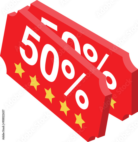 Two red discount coupons are laying on top of each other, offering fifty percent off