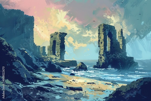 A digital painting depicting ancient stone ruins on a beach with a vibrant colorful sky