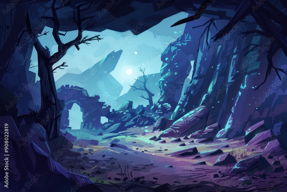A digitally painted landscape featuring ruins trees and a pale moon A digitally painted landscape featuring ruins trees and a pale moon