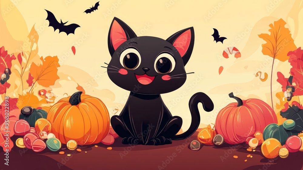 Cute Halloween scene with a smiling black cat, pumpkins, and candy, with plenty of room for text. Cute Halloween scene with a smiling black cat, pumpkins, and candy, with plenty of room for text.
