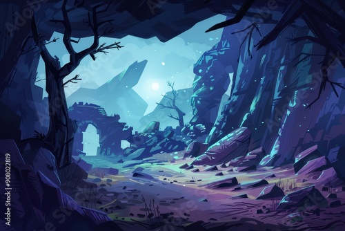 A digitally painted landscape featuring ruins trees and a pale moon