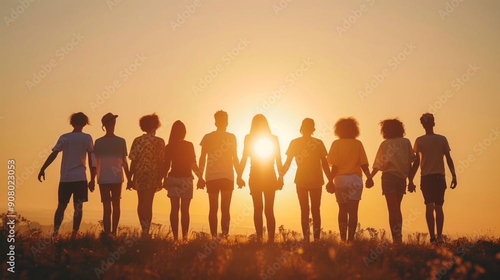 Silhouette of group of happy young people standing together holding hands at sunset in summer, friendship and team unity concept Silhouette of group of happy young people standing together holding hands at sunset in summer, friendship and team unity concept