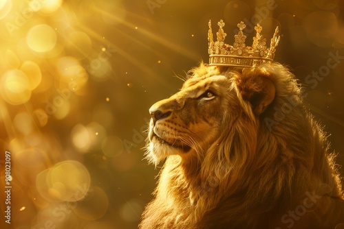 The lion king with a golden crown on his head as a symbol of power and luxury. photo