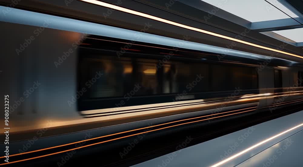 Sleek, modern high-speed train moving through a futuristic train station with reflective surfaces and advanced design.